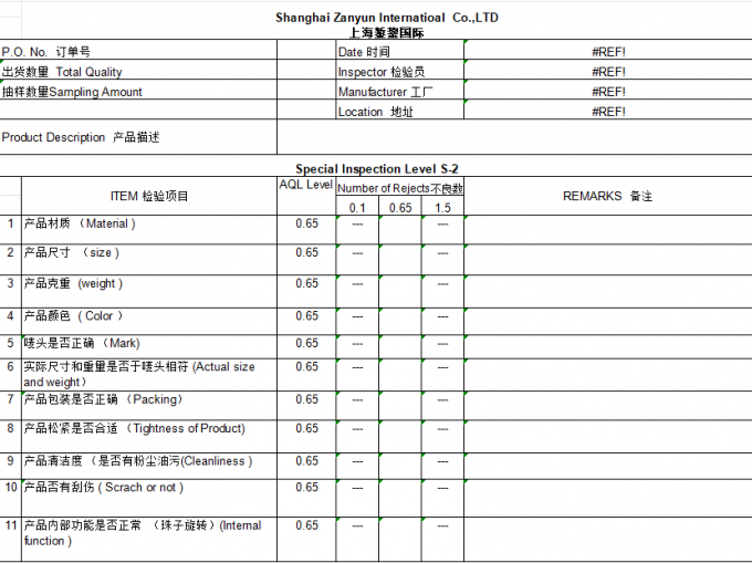 Shanghai Zanyun International Trade Co., Ltd. Control de Calidad